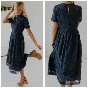 Roolee Blue Lace Overlay Midi Dress XS